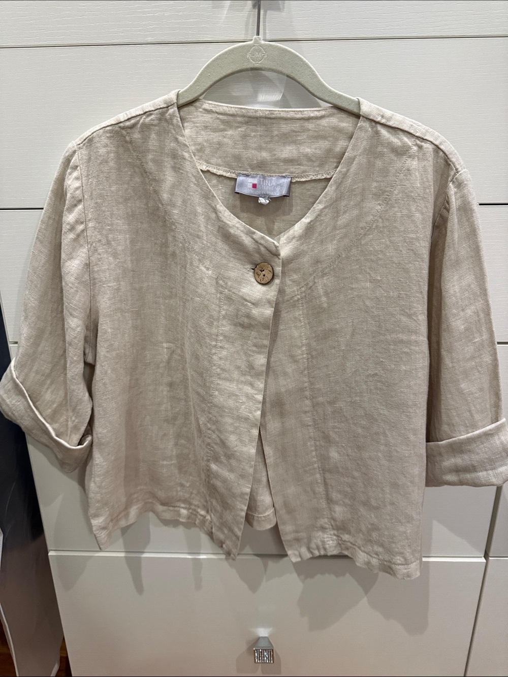 TINA Tan Linen-Blend Single-Button Boxy Cropped Jacket